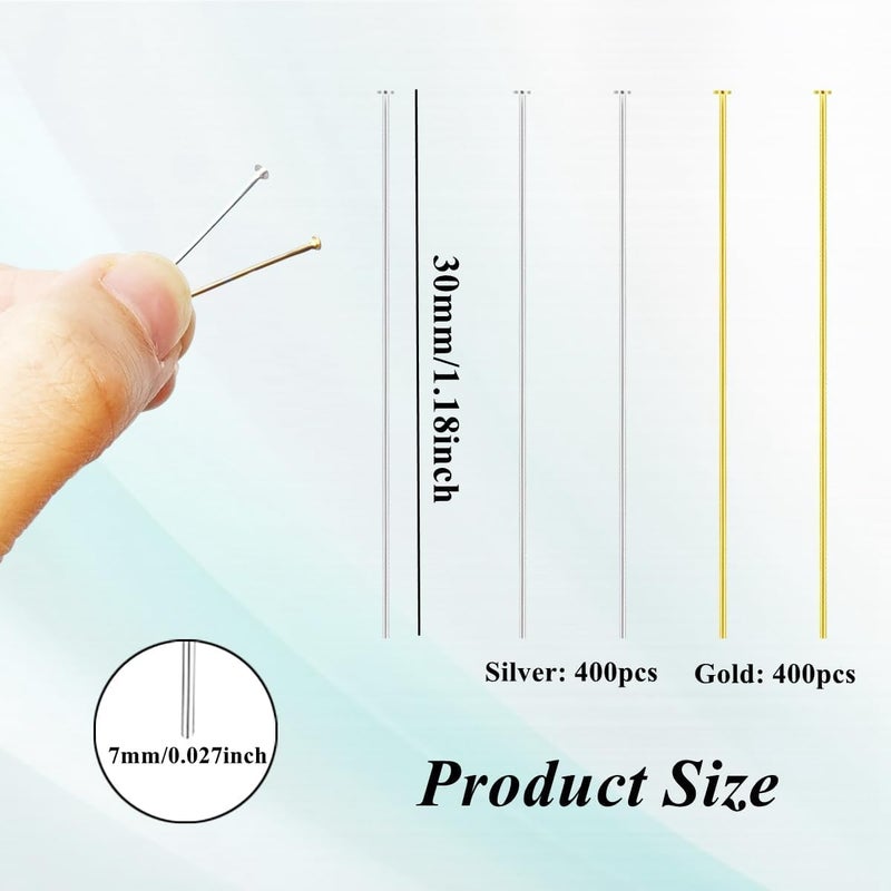 Bulrash 800 Pieces 30mm Flat Head Pins for DIY Jewelry Craft Making 1.18 Inch Metal End Straight Pins for Bracelet Necklace Earring Pendant Supplies(Flat Head Pins-Gold and Silver) - Image 3